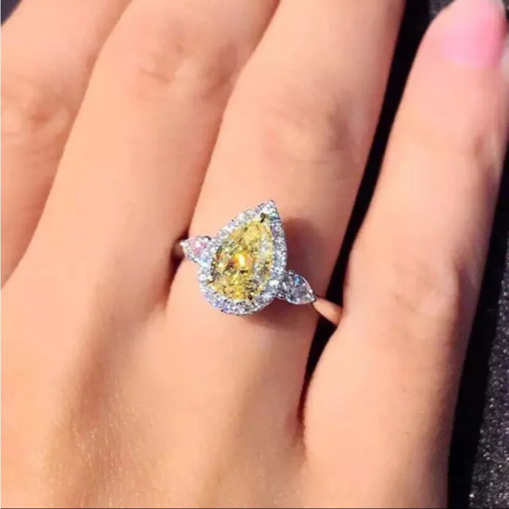 .925 Sterling Silver 2 ct Pear Cut Yellow Sapphire & White Sapphire Ring - Picture 11 of 11
